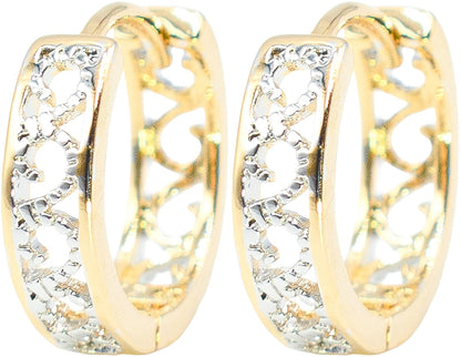 0.55" Two-Tone Silver and Yellow Gold Filled Filigree Lace Huggie Hoop Earrings