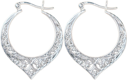 Sterling Silver Filigree Hoop Earrings, Vintage Style Openwork Design, Heart Details, 31mm