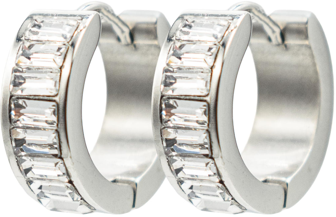 0.60 Inch 316L Stainless Steel Hypoallergenic Huggie Hoop Earrings, Baguette Rectangle Shape CZ Cubic Zirconia
