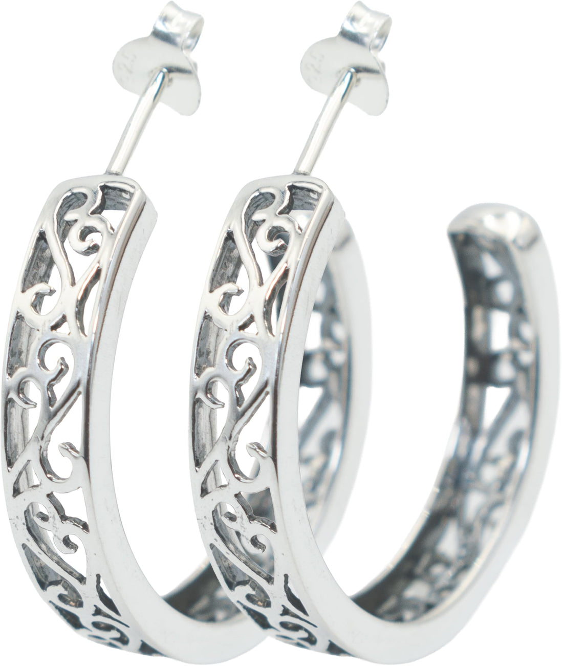 Sterling Silver Celtic Tribal Filigree Hoop Earrings, 1 Inch Length, Push Back Closures