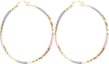 2.75 Inch Large Skinny Diamond Laser Cut Texture Tri-Tone Hoop Earrings, Rose Gold Yellow Gold Silver Tone, 18k Gold Filled Plated