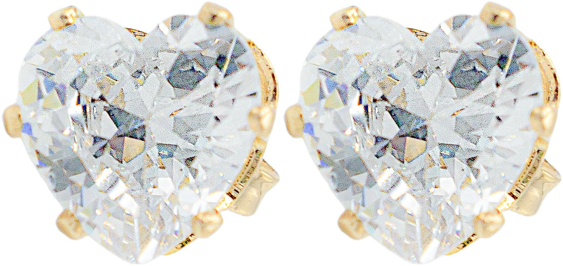 0.33" Inch Simple Shiny Heart Shaped Stud Earrings for Women, Cubic Zirconia CZ, 18k Yellow Gold Filled Plating