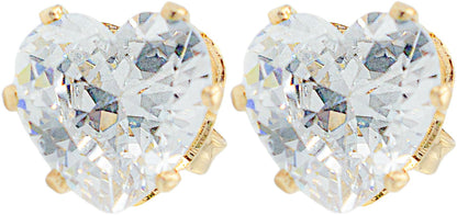 0.33" Inch Simple Shiny Heart Shaped Stud Earrings for Women, Cubic Zirconia CZ, 18k Yellow Gold Filled Plating
