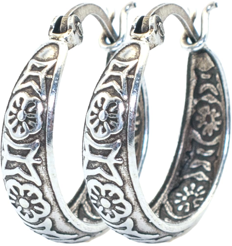 Boho Bohemian Oxidized Antique Vintage Hoop Earrings, Tribal Floral Engravings, 925 Sterling Silver, Hinge with Notched Post