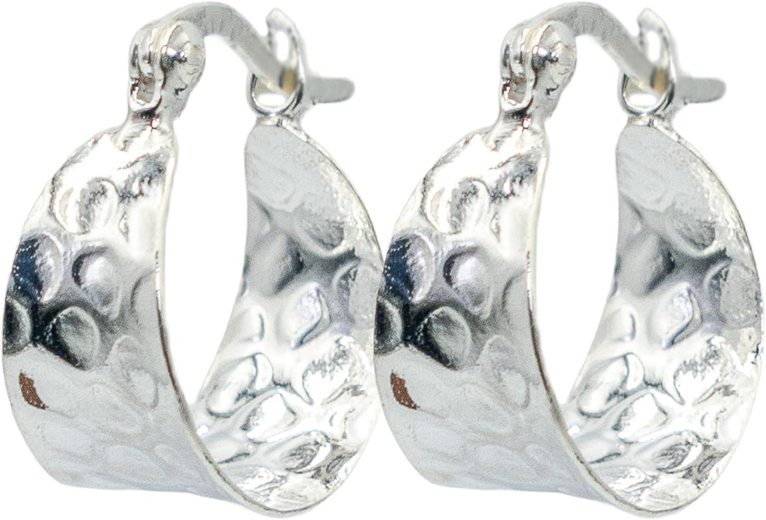 Classic Tapered Hammered Texture Huggie Hoop Earring, 925 Sterling Silver, Hinge With Notched Post, 0.90 Inch