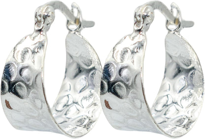 Classic Tapered Hammered Texture Huggie Hoop Earring, 925 Sterling Silver, Hinge With Notched Post, 0.90 Inch