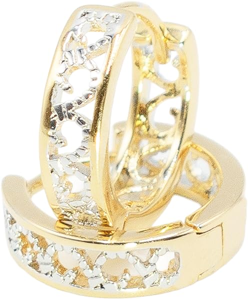0.55" Two-Tone Silver and Yellow Gold Filled Filigree Lace Huggie Hoop Earrings