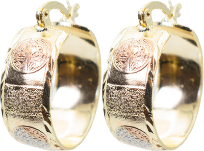 Saint Benedict Cross Tri-Tone Hoop Earrings, Rose Gold Yellow Gold Silver Tone, 1 Inch Round Circle, Sparkly Glitter Statement, Gold Plated