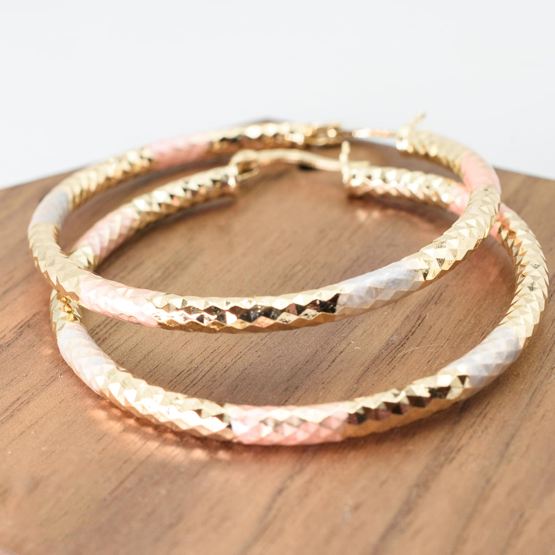 1.75" Sparkly Diamond Cut Texture Tri-Tone Rose Gold, Yellow Golden, & Silver Tone Hoop Earrings, Gold Plated