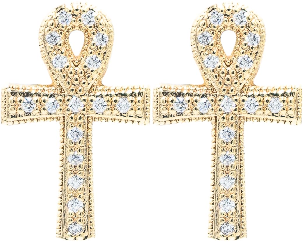 0.72 Inch Christian Cross Ankh Micro Pave Crystal CZ Stud Earrings for Women, 14k Yellow Gold Filled, Push Back Closures
