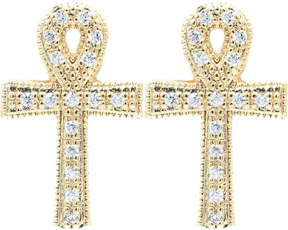 0.72 Inch Christian Cross Ankh Micro Pave Crystal CZ Stud Earrings for Women, 14k Yellow Gold Filled, Push Back Closures