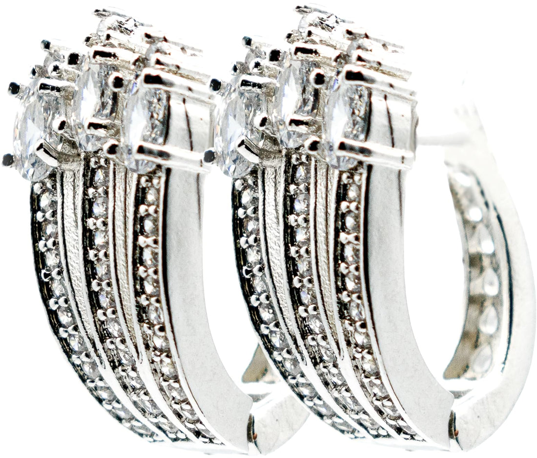 Elegant 0.86 Micro Pave Multipronged Cubic Zirconia CZ Huggie J-Hoop Earrings, Bright Rhodium Plating