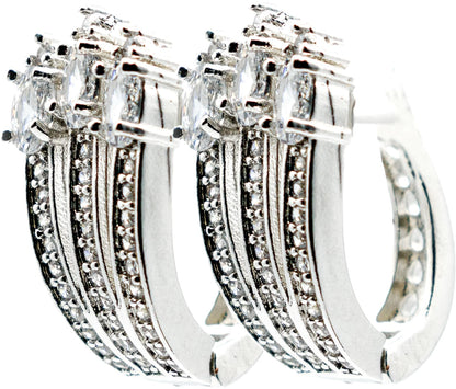 Elegant 0.86 Micro Pave Multipronged Cubic Zirconia CZ Huggie J-Hoop Earrings, Bright Rhodium Plating