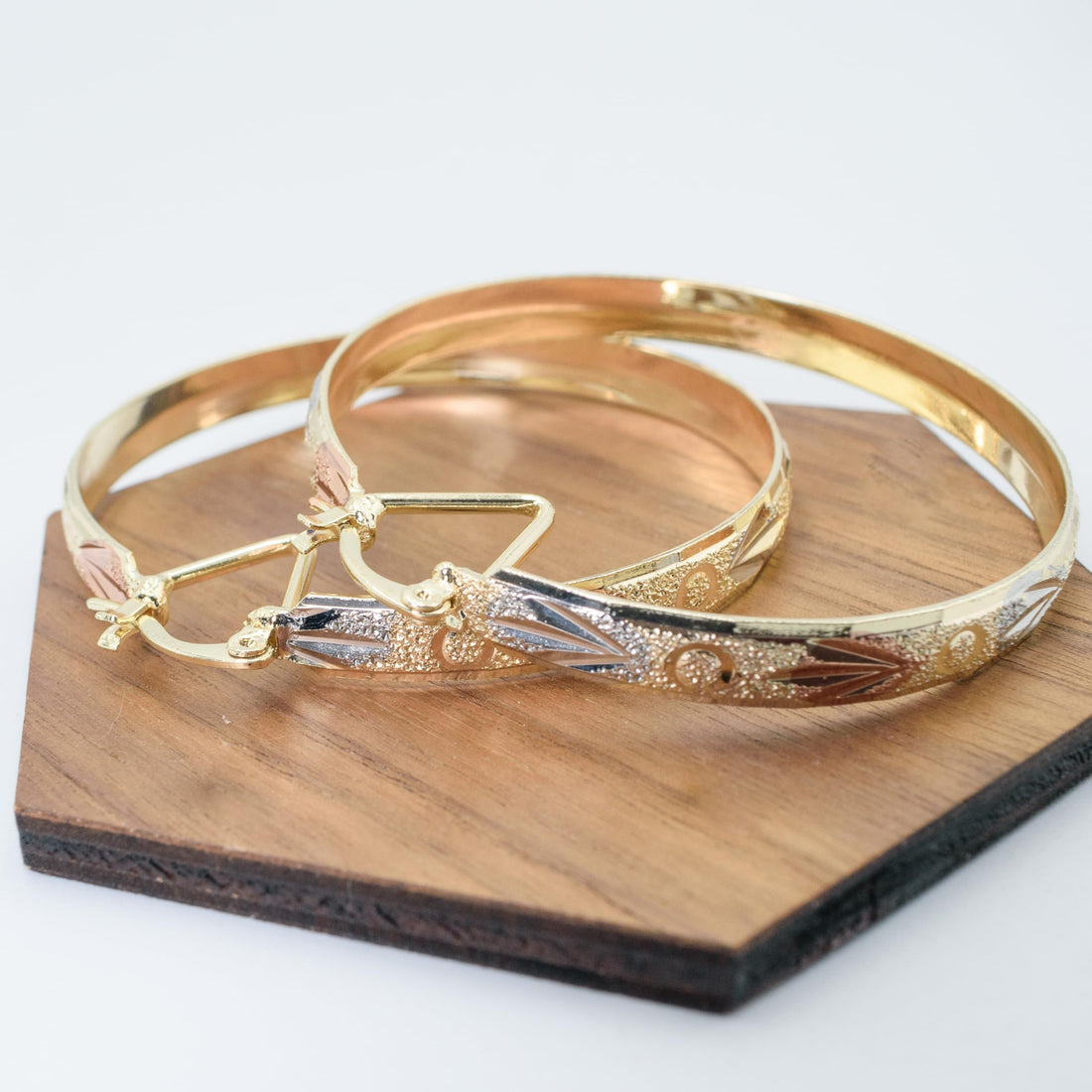 2.12" Inch Circle and Tribal Arrow Design Tri-Tone Rose Gold, Yellow Golden, & Silver Tone Sparkly Glitter Statement Hoop Earrings, Gold Plated