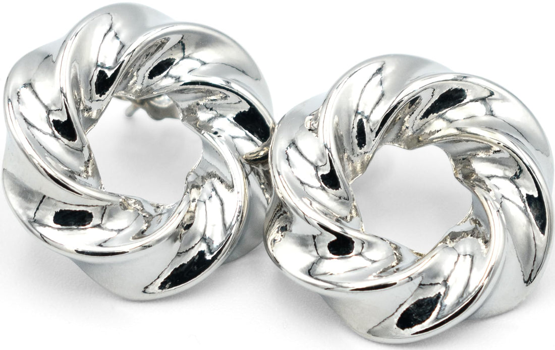 1 Inch Chunky Puffy Twist Spiral Bright Silver Huggie Hoop Earrings, Rhodium Plating, Push Back Closures
