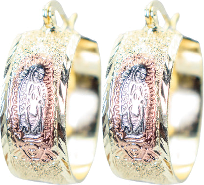 1 Inch Virgin Virgen de Guadalupe Mother Mary Tri-Tone Rose Gold, Yellow Golden, & Silver Tone Hoop Earrings, Gold Filled Plated