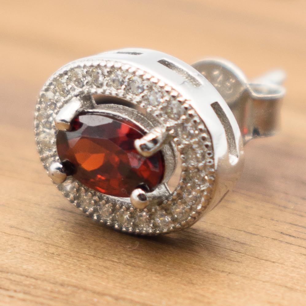 Sterling Silver Oval Red Ruby CZ Halo Stud Earrings, 0.40 Inch, Simulated Gemstone