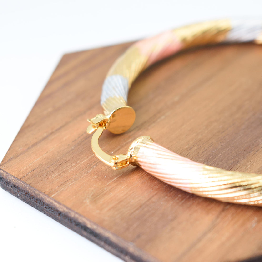 Tri-Tone Hoop Earrings, 2.32 Inch Textured Twisted Design, 18k Gold Filled Plated, Painted Rose Gold Yellow Gold Silver Tone