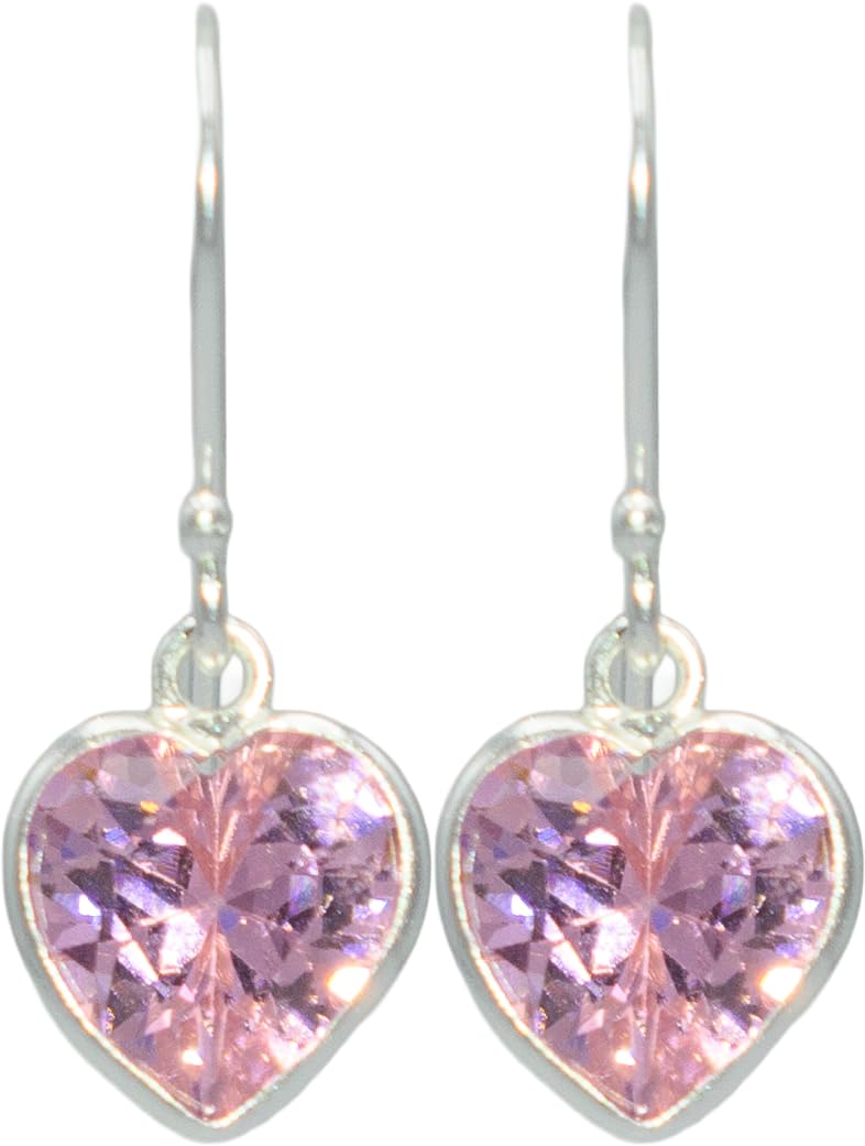 Pink 1 Inch Heart CZ Crystal Dangle Drop Earrings, 925 Sterling Silver, Fish Hook Fishhook Backings