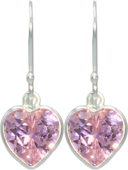 Pink 1 Inch Heart CZ Crystal Dangle Drop Earrings, 925 Sterling Silver, Fish Hook Fishhook Backings