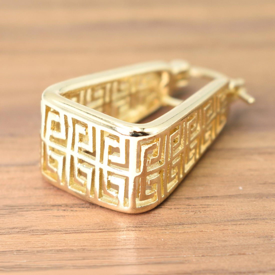 Unique Triangle Trapezoid Shape 1 Inch Greek Key Hollow Cut Out Yellow Gold Plated Hoop Earrings