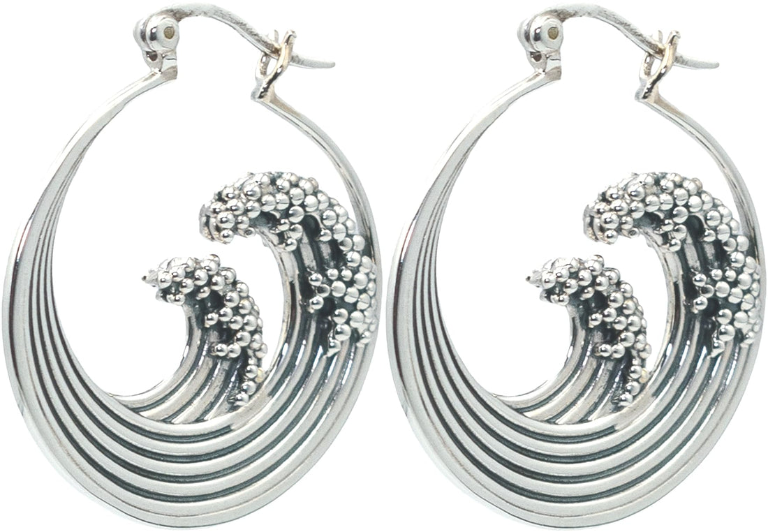 Pure Ziva Sterling Silver Ocean Wave Hoop Statement Earrings, Openwork Bohemian Drop Design, 925 Silver, 1 Inch