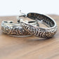Boho Bohemian Oxidized Antique Vintage Hoop Earrings, Tribal Floral Engravings, 925 Sterling Silver, Hinge with Notched Post