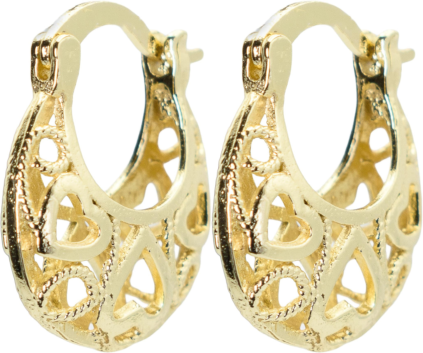 0.68" Inch Vintage Filigree Lace Hollow Heart Cut Out Hoop Huggie Earrings, 18k Yellow Gold Filled