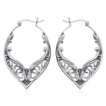 Gorgeous Oval Vintage Antique Filigree Lace Nouveau Art Deco Sterling Silver Statement Hoop Earrings, 34mm