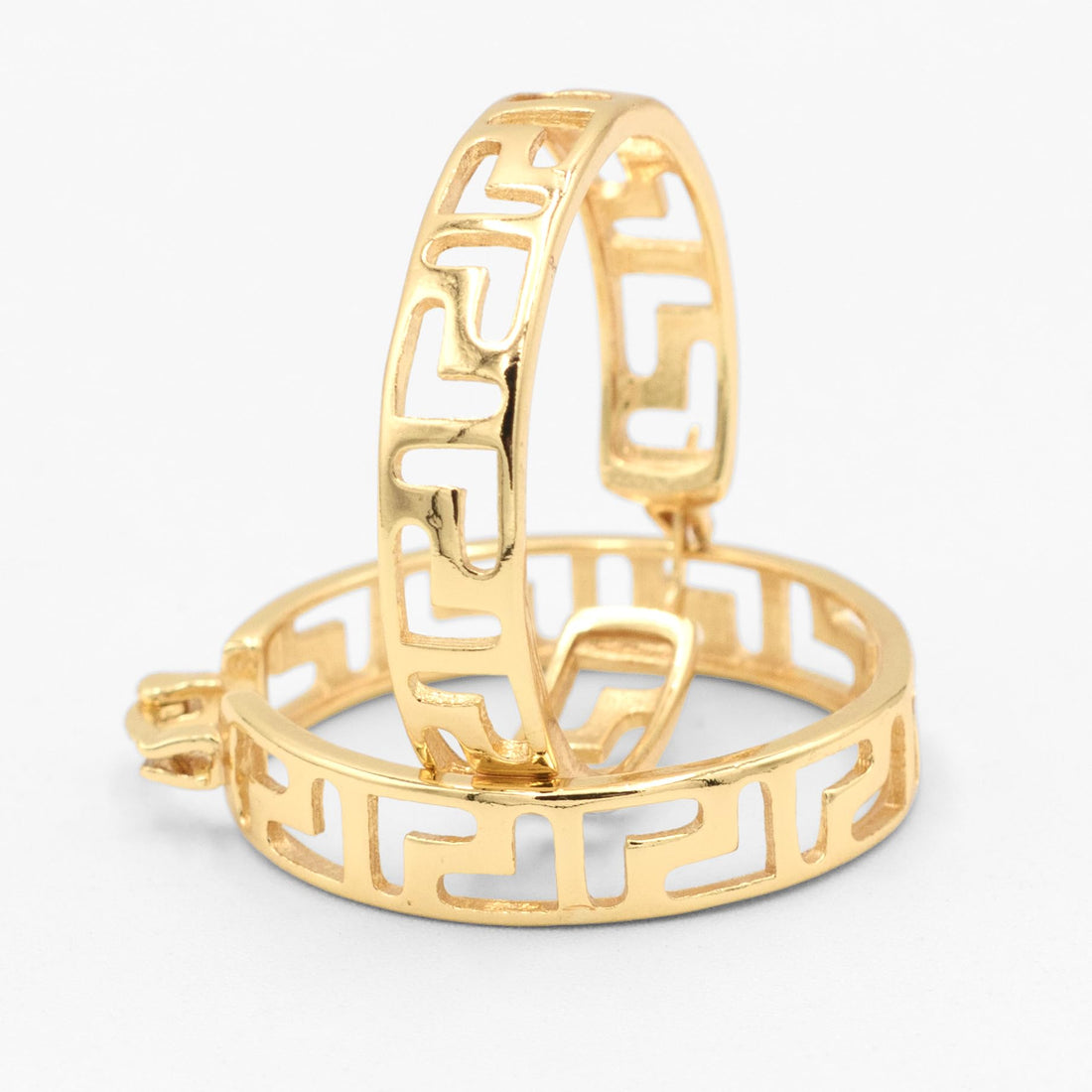 1.25 Inch Greek Key Hollow Cut Out Yellow Gold Plated Hoop Earrings