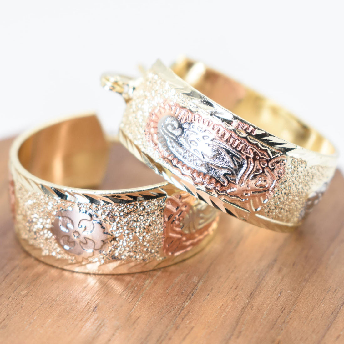 1 Inch Virgin Virgen de Guadalupe Mother Mary Tri-Tone Rose Gold, Yellow Golden, & Silver Tone Hoop Earrings, Gold Filled Plated