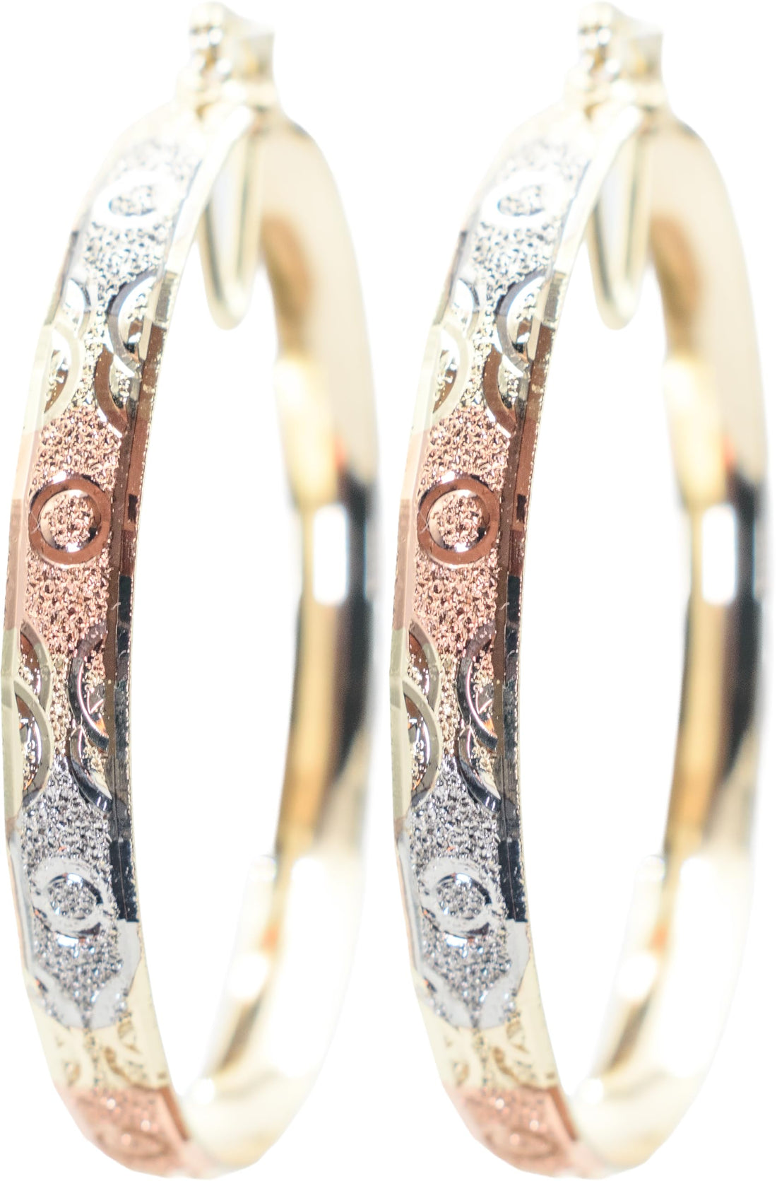 2.12 Circle and Swirl Design Tri-Tone Rose Gold, Yellow Golden, & Silver Tone Sparkly Glitter Hoop Earrings, Gold Plated