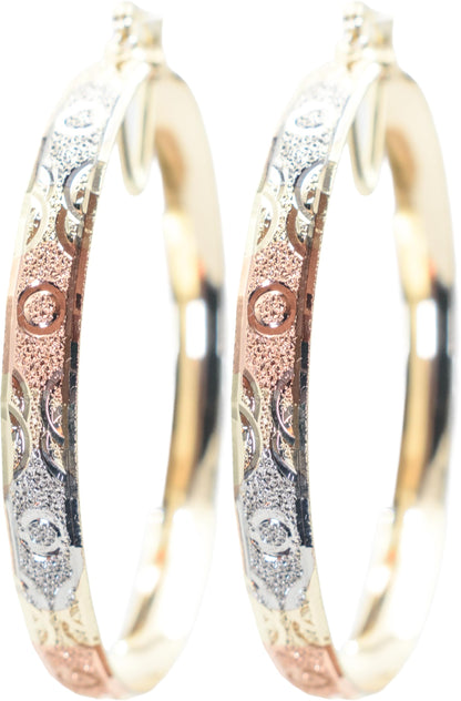 2.12 Circle and Swirl Design Tri-Tone Rose Gold, Yellow Golden, & Silver Tone Sparkly Glitter Hoop Earrings, Gold Plated