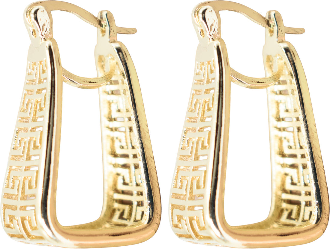 Unique Triangle Trapezoid Shape 1 Inch Greek Key Hollow Cut Out Yellow Gold Plated Hoop Earrings
