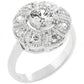 Vintage Antique Style CZ Crystal Engagement Ring, Round Brilliant Cut, Milgrain Halo Design, Rhodium Plated, Size 6