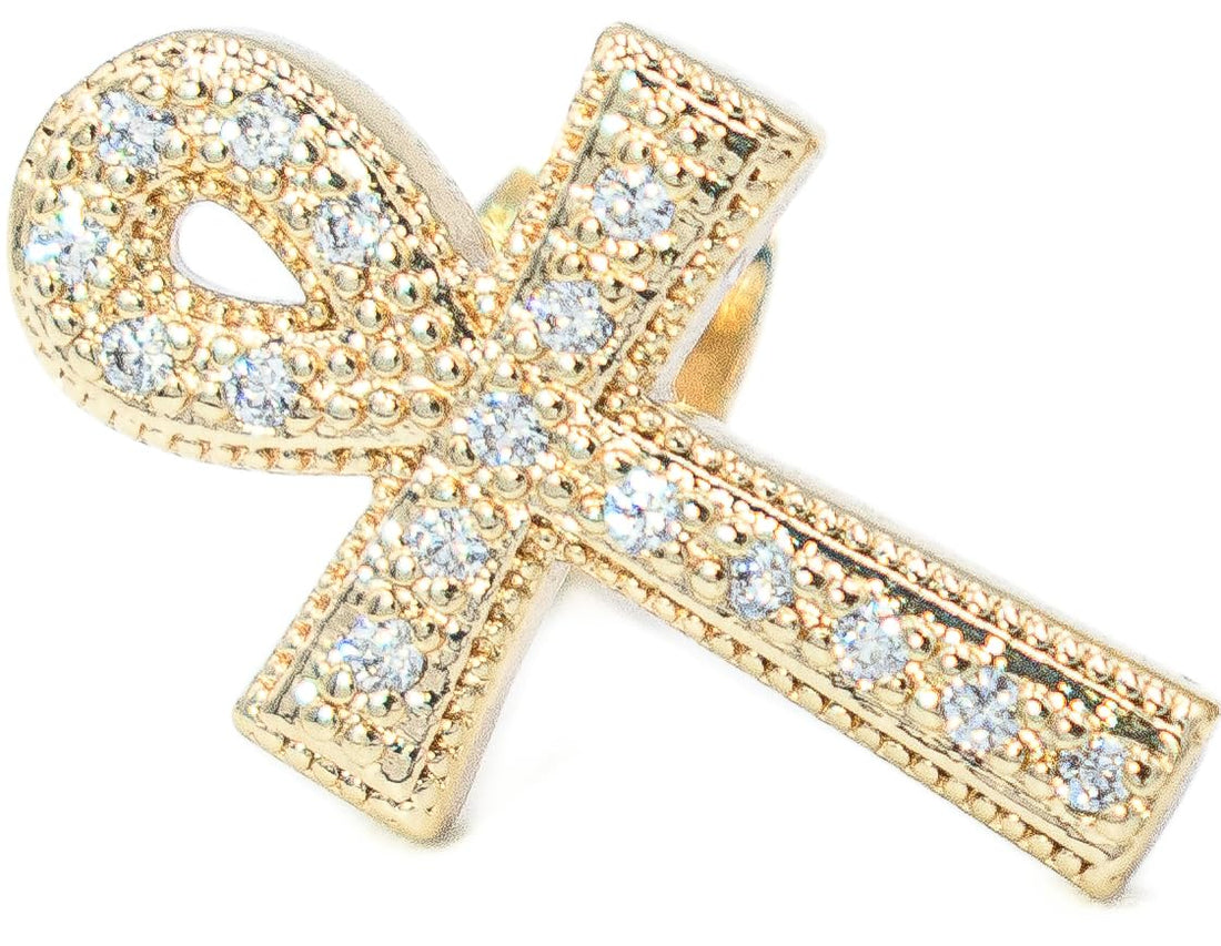 0.72 Inch Christian Cross Ankh Micro Pave Crystal CZ Stud Earrings for Women, 14k Yellow Gold Filled, Push Back Closures