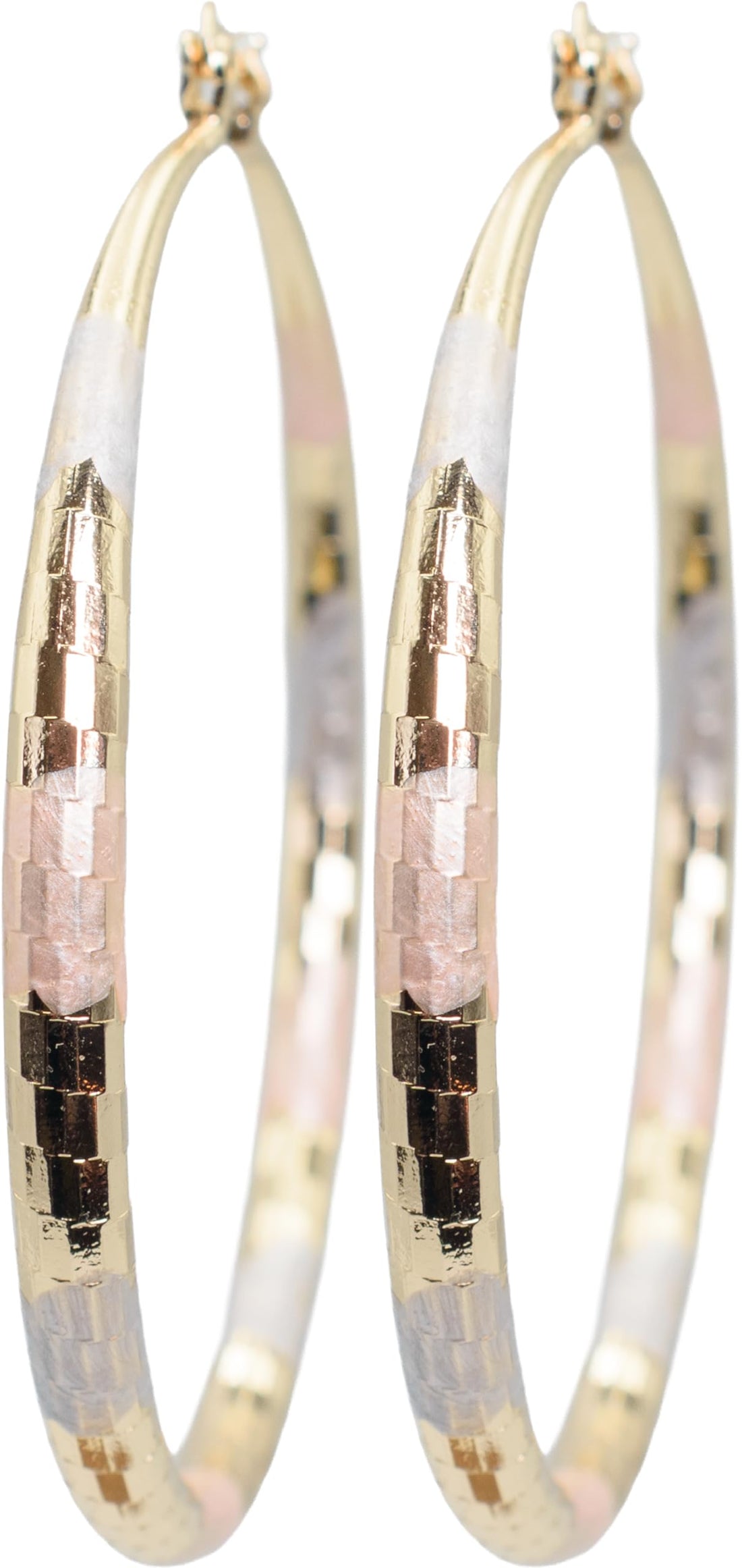 2.36" Inch Diamond Laser Cut Texture Tri-Tone Hoop Earrings, Painted Rose Gold Yellow Gold Silver Tone, 18k Gold Filled Plated