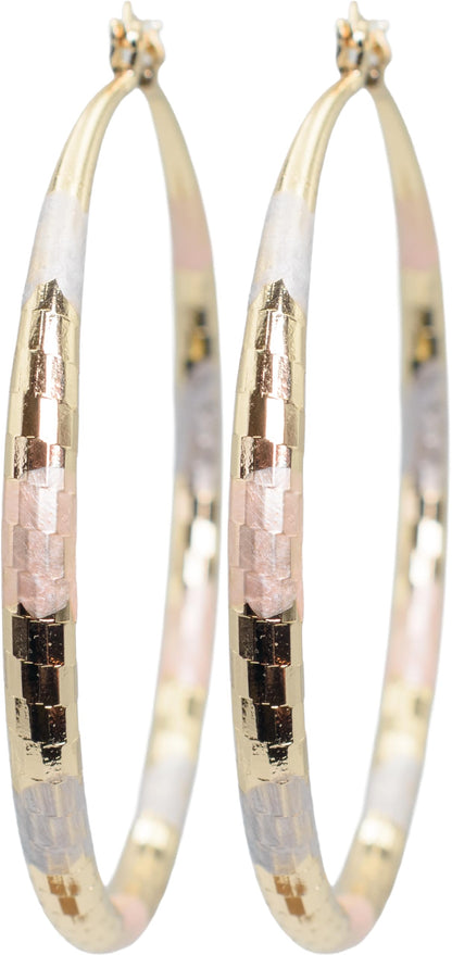 2.36" Inch Diamond Laser Cut Texture Tri-Tone Hoop Earrings, Painted Rose Gold Yellow Gold Silver Tone, 18k Gold Filled Plated