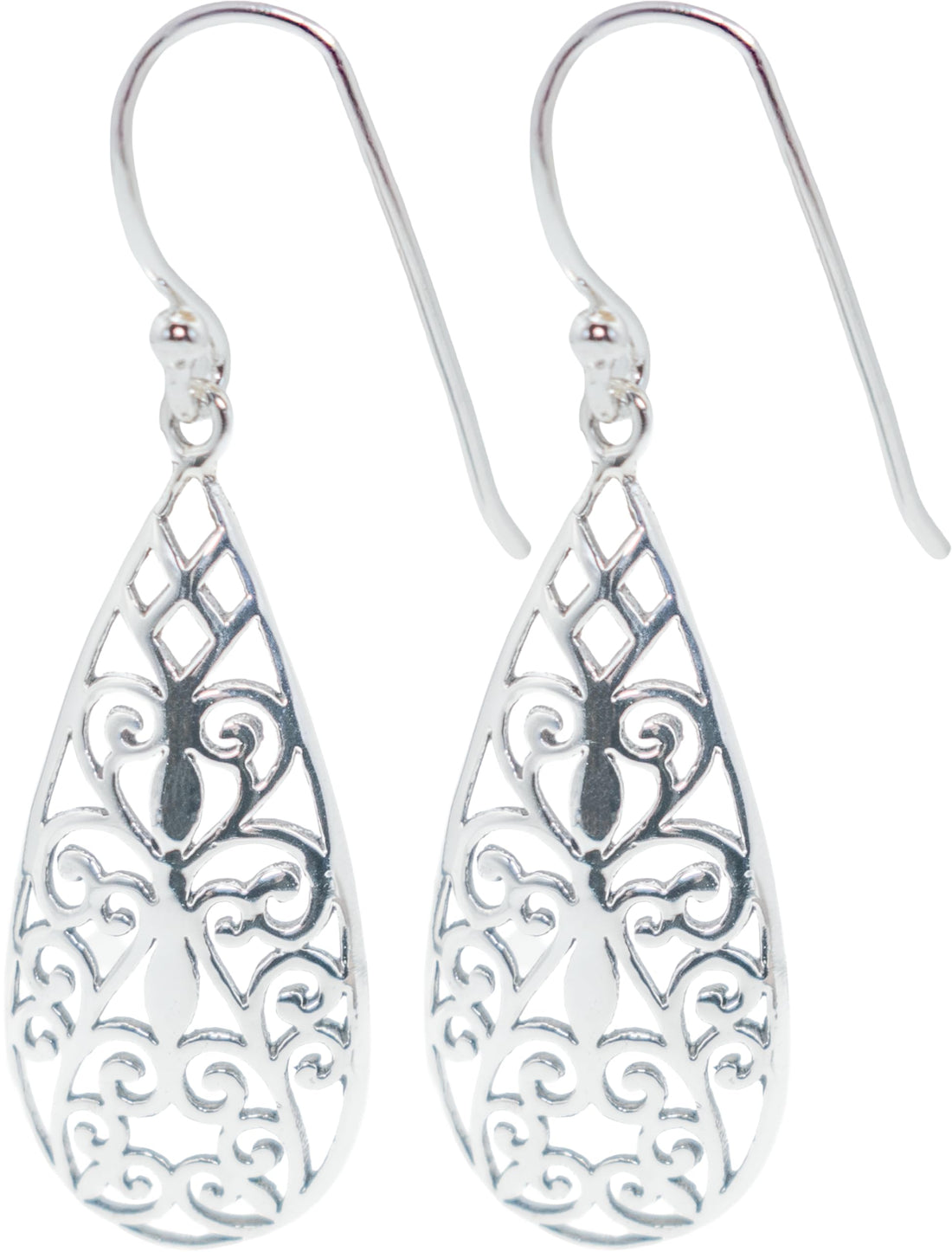 Teardrop Vintage Filigree Dangle Drop Earrings, 925 Sterling Silver, Bohemian Boho Style, 1.75" Inch Length