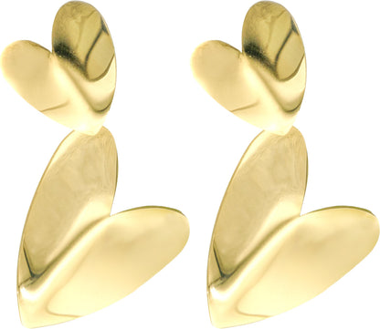 Double Heart Dangle Drop Earrings, 2.1 Inch, Gold Plated Stainless Steel