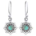 Mandala Flower Floral Sterling Silver Filigree Vintage Dangle Earrings, 22mm, Turquoise Stone, Bali Balinese Style Design