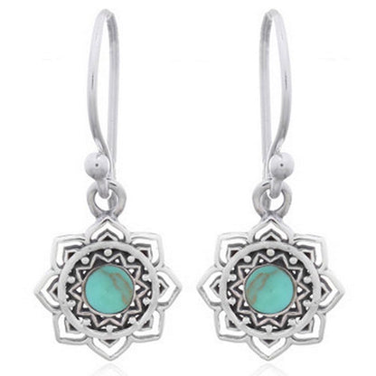 Mandala Flower Floral Sterling Silver Filigree Vintage Dangle Earrings, 22mm, Turquoise Stone, Bali Balinese Style Design
