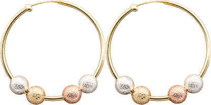 1.30 Three Tri-Tone Rose Gold, Yellow Gold, & Silver Bead Ball Hoop Earrings, 925 Sterling Silver