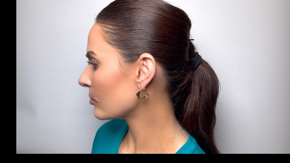 1 Inch Modern Square Geometric Abstract Sculpture Half Hoop Earrings for Women, Gold Filled, Push Back Closures
