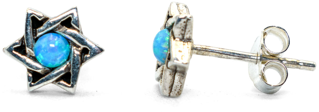 8.5mm Classic Star of David Jewish Judaism Hanukkah Religious Jewelry Cubic Zirconia CZ Crystal Stud Earrings, Blue Opal, 925 Sterling Silver