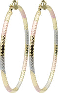 1.75" Sparkly Diamond Cut Texture Tri-Tone Rose Gold, Yellow Golden, & Silver Tone Hoop Earrings, Gold Plated