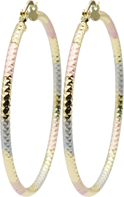 1.75" Sparkly Diamond Cut Texture Tri-Tone Rose Gold, Yellow Golden, & Silver Tone Hoop Earrings, Gold Plated