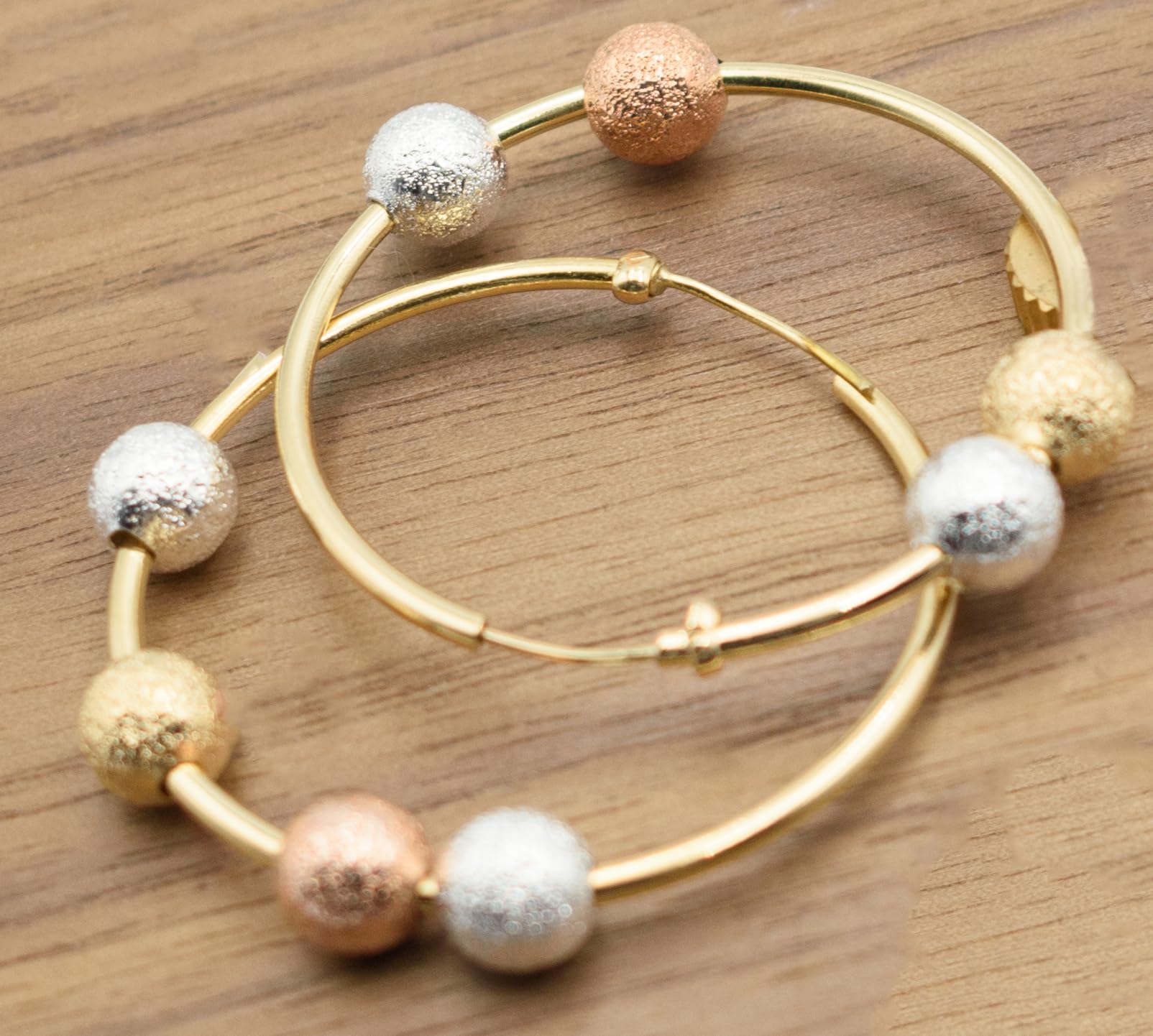 1.30 Three Tri-Tone Rose Gold, Yellow Gold, & Silver Bead Ball Hoop Earrings, 925 Sterling Silver