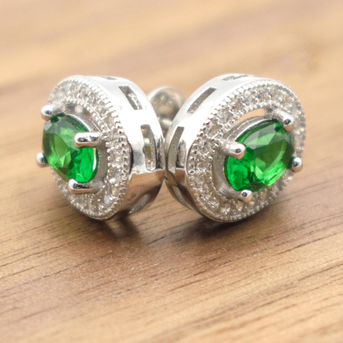 Sterling Silver Oval Green Emerald CZ Stud Earrings, Halo Design, 0.40 Inch, Simulated Gemstone