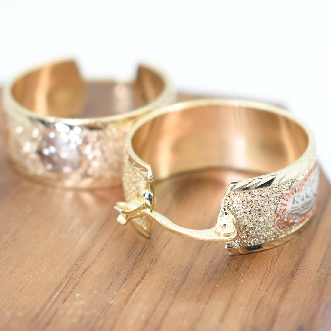 1 Inch Virgin Virgen de Guadalupe Mother Mary Tri-Tone Rose Gold, Yellow Golden, & Silver Tone Hoop Earrings, Gold Filled Plated